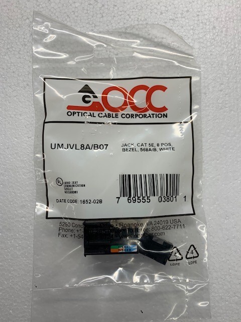 OCC Jack, CAT 5E, 8Pos,Bezel, 568A/B, White UMJVL8A/B07 Box of 50 NEW