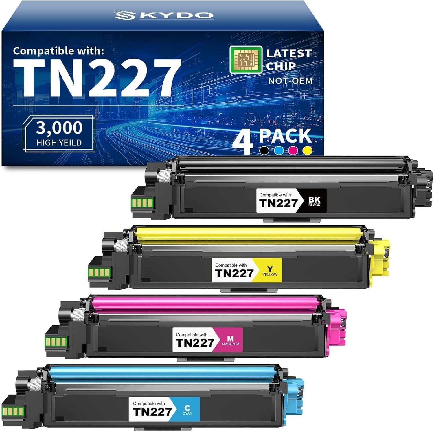 Skydo TN227 Pack of 4: One Each Black and Colors (C, M, Y), Multicolor