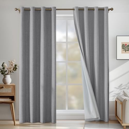 Linen 100% Blackout Curtains for Bedroom, 52"W x 84"L (Pack of 2) Light Grey