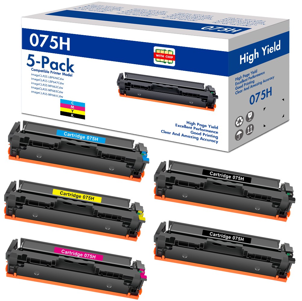 5 Pack 075H Toner Cartridge for Canon 075 H Color ImageCLASS LBP647Cdw MF662Cdw