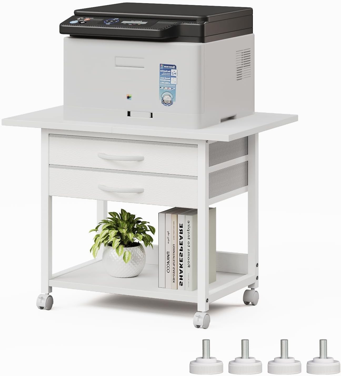 2Tier Large Printer Stand Fabric Drawer Rolling Cart 23.4x15.7 Inch White