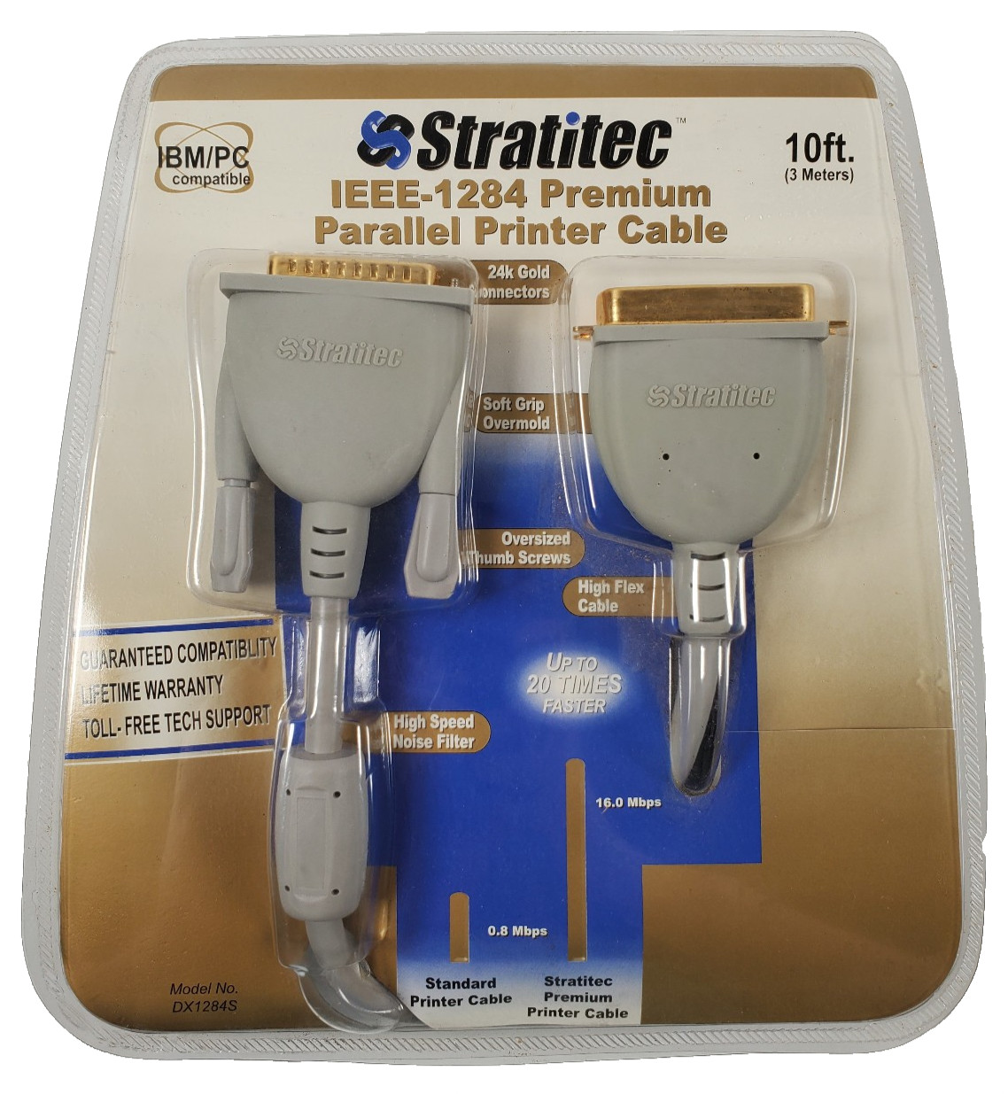 IEEE-1284 Premium Parallel Printer Cable 10Ft STRATITEC IBM/PC 24K Gold NEW 20 