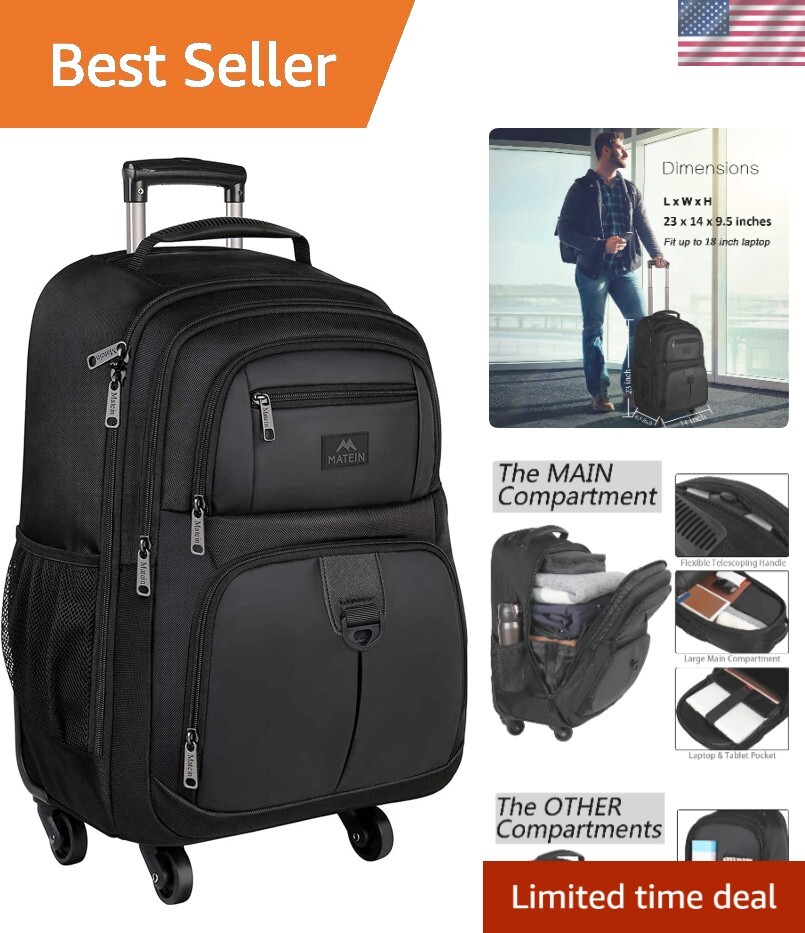 Roller Backpack, 18 inch Large Travel Laptop Bag with 4 Wheels for Adults, He...