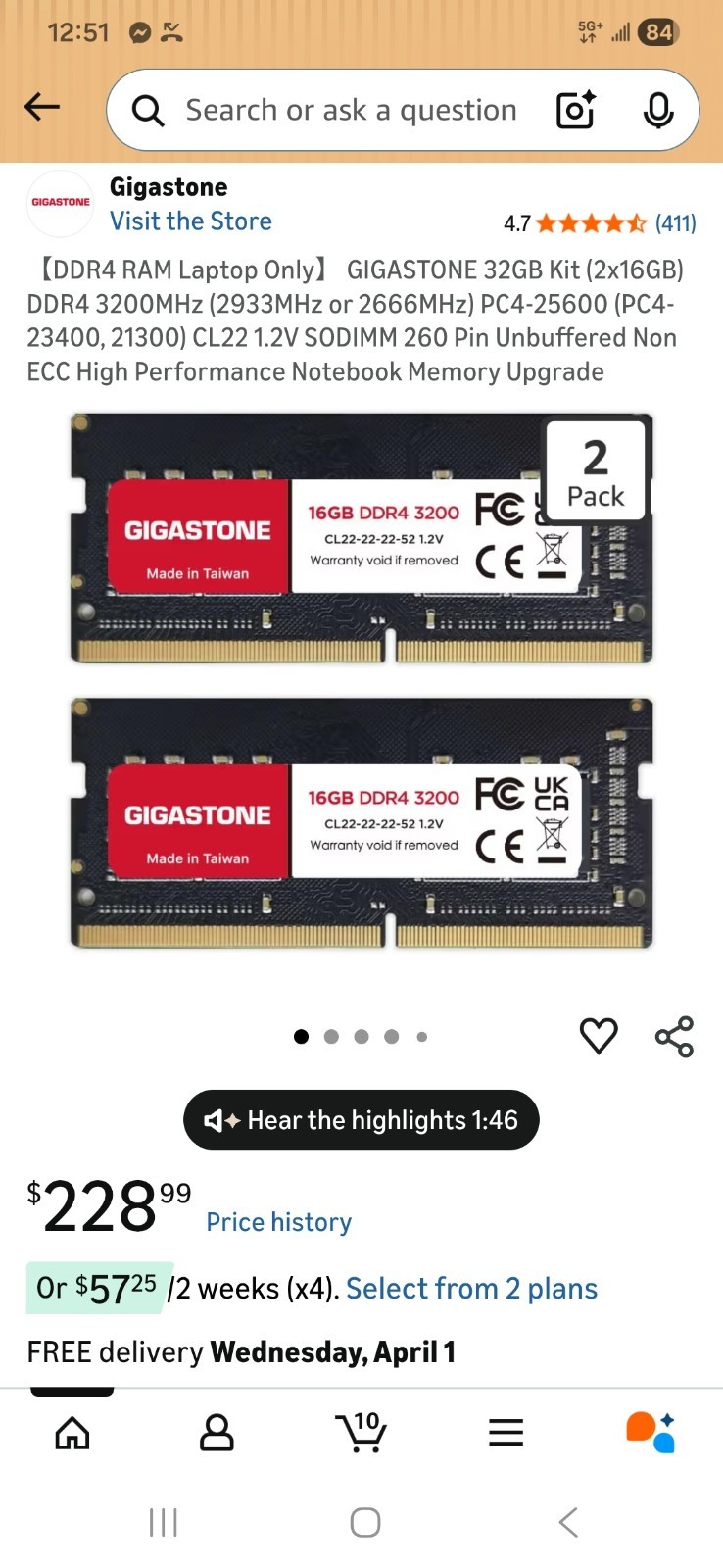 GIGASTONE 32GB Kit (2x16GB) DDR4 3200MHz (2933MHz or 2666MHz) PC4-25600...