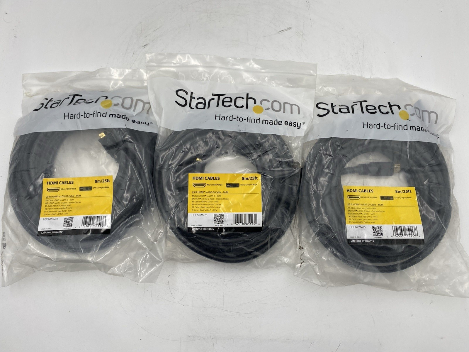 Lot of 3 StarTech 25ft HDMI to DVI-D Cable - M/M HDDVIMM25