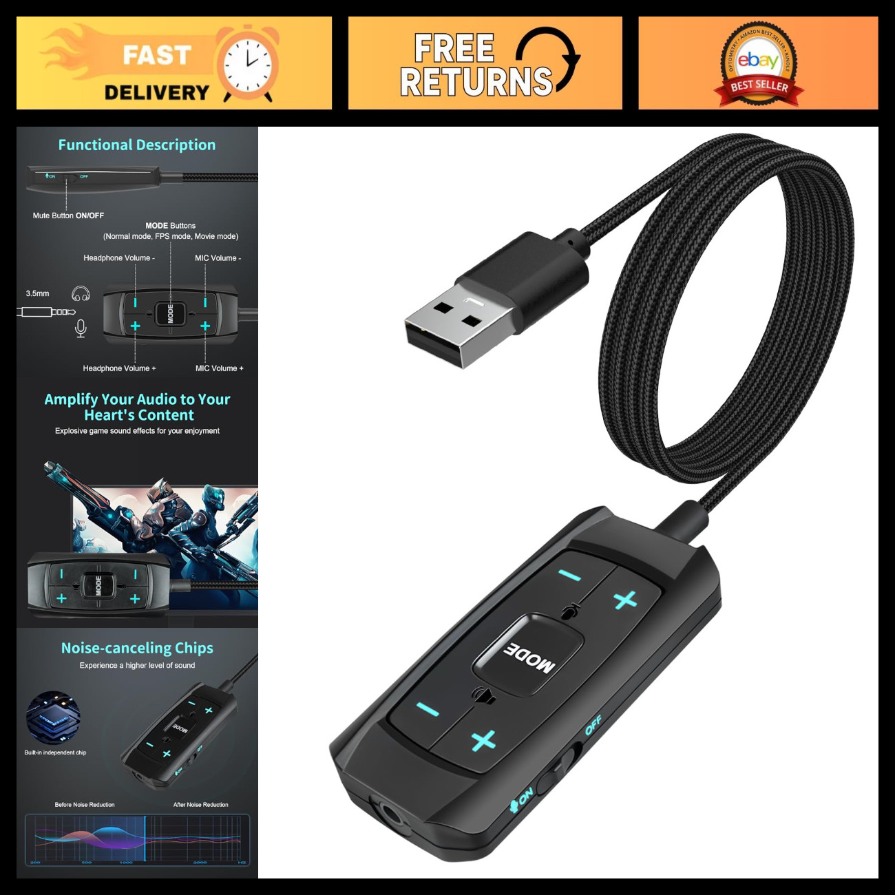 Virtual 7.1 Surround Sound USB Audio Adapter, 3.5mm Jack, Mute/Volume Control, 6