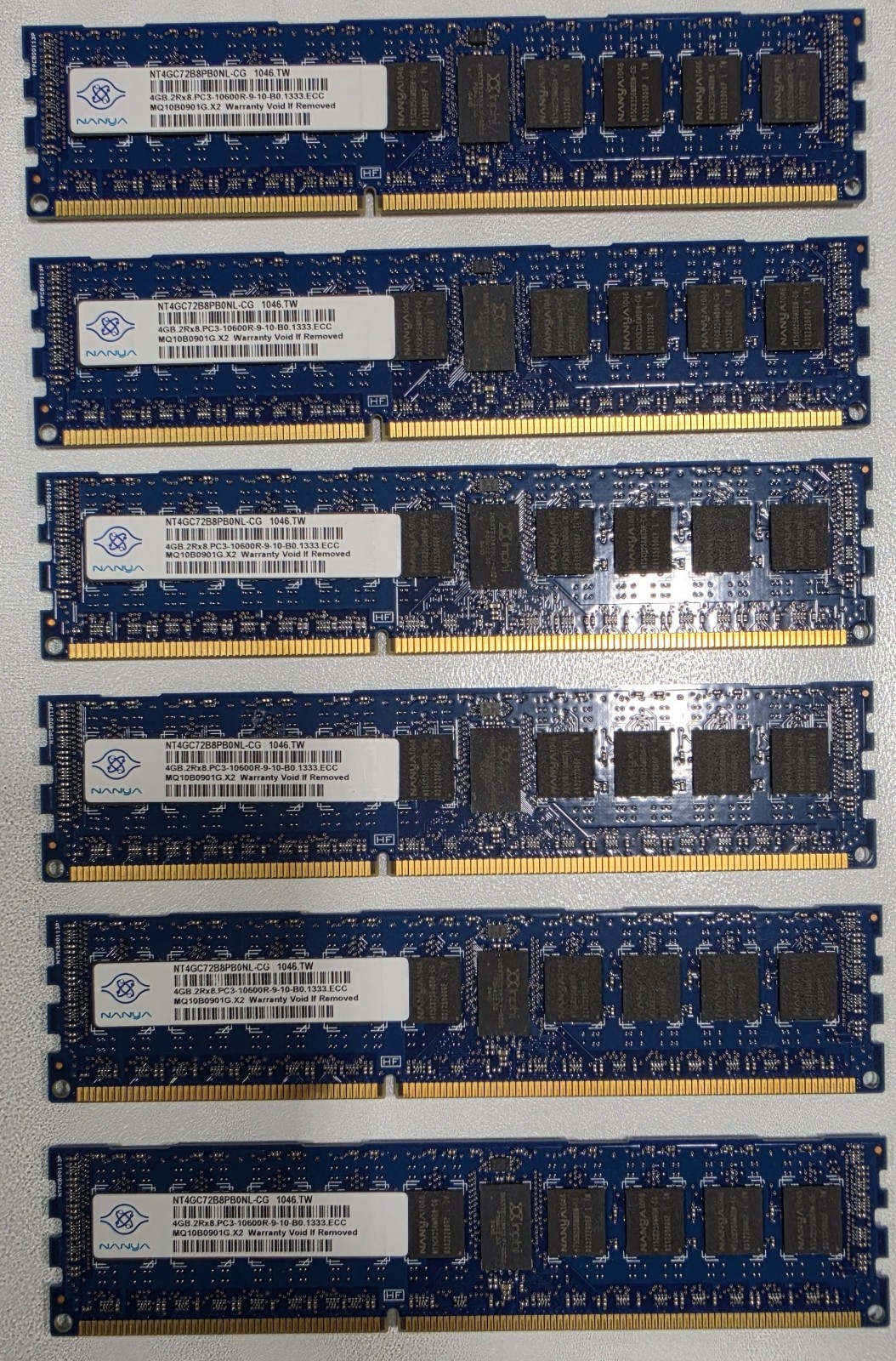 Nanya 24GB 6x4GB NT4GC72B8PB0NL-CG DDR3-1333 PC3-10600R ECC RDIMM RAM -Tested