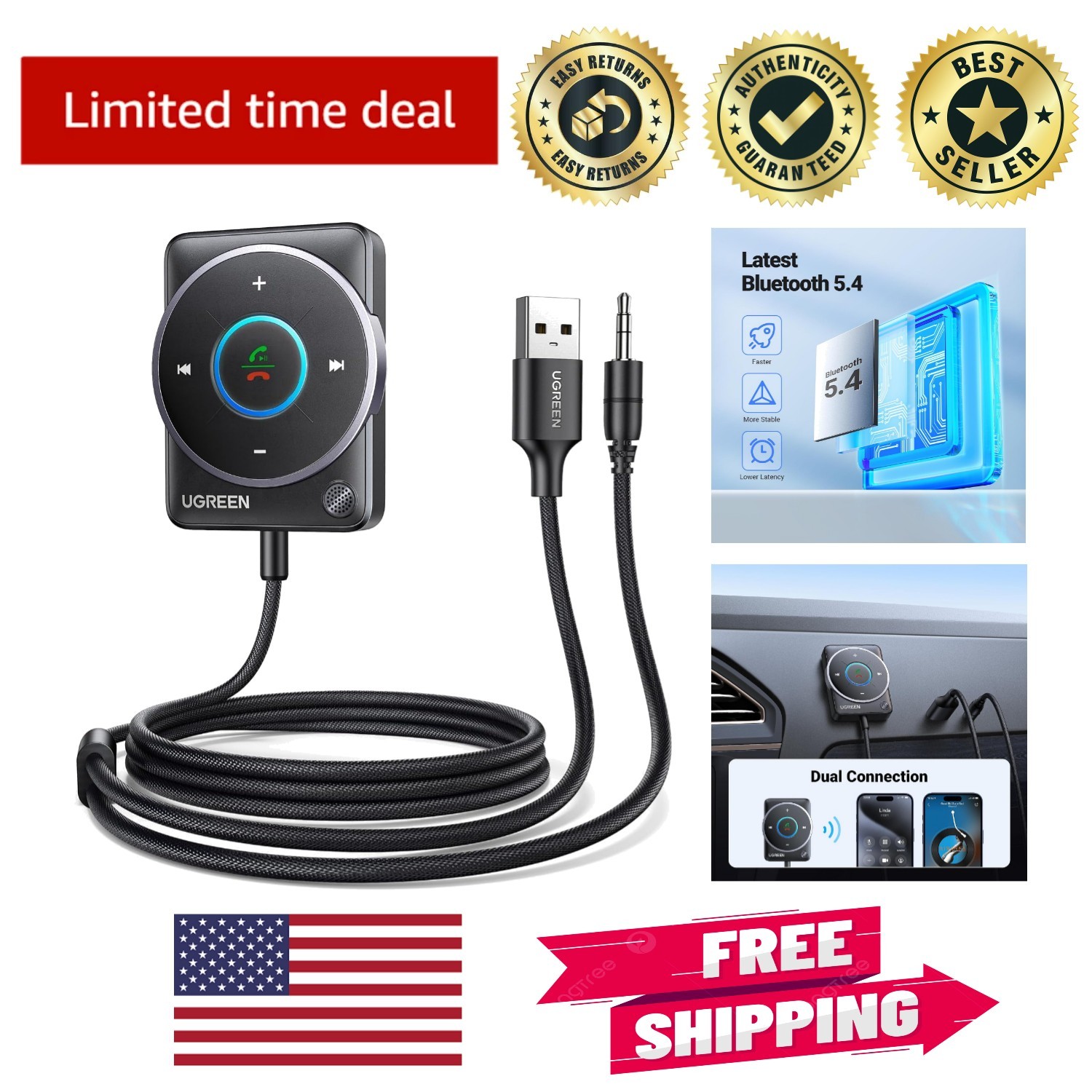 Plug & Play Bluetooth 5.4 Car Adapter - Enhanced Call Clarity & Music Experience