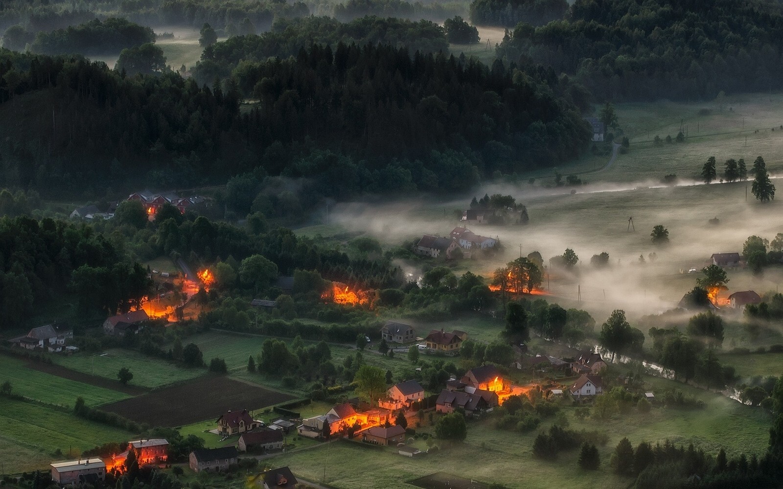Landscape nature mist morning forest lights village Custom Gaming Mat Desk