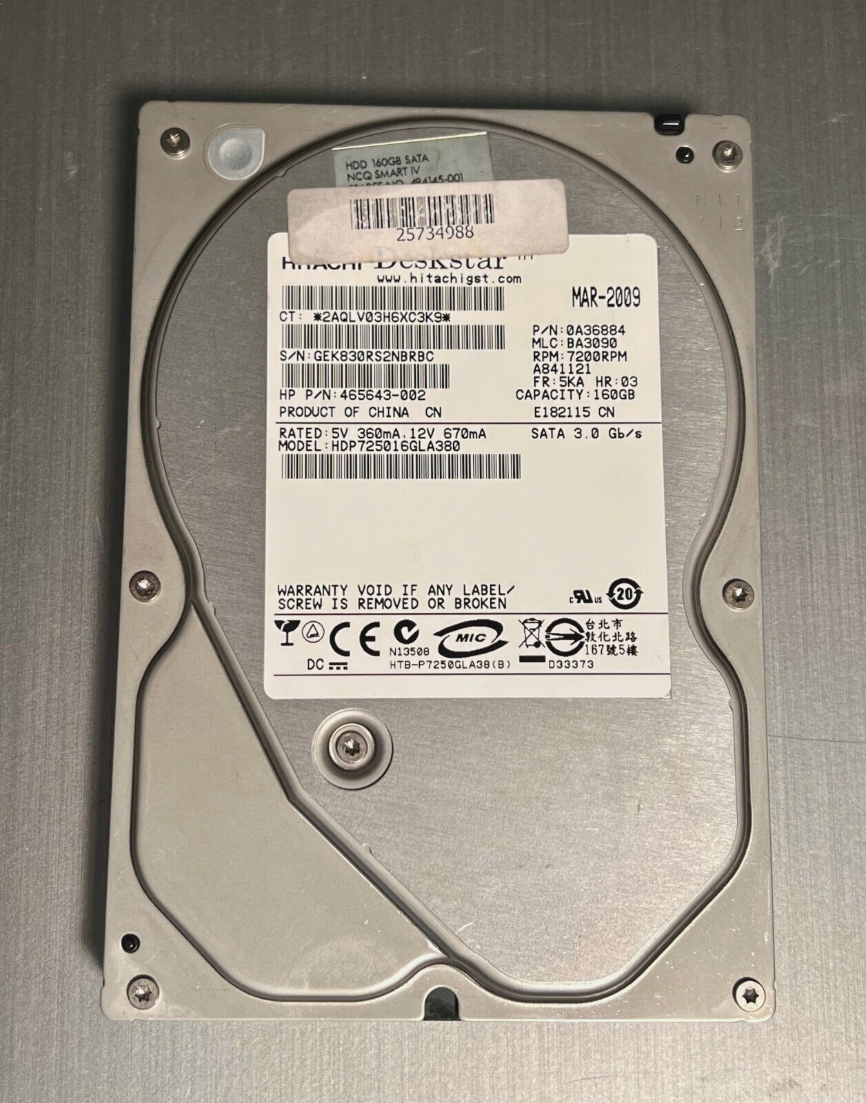 HP 465643-001 / HDP725016GLA380 / 0A36884 160GB SATA 3.5'' 7200RPM HARD DRIVE