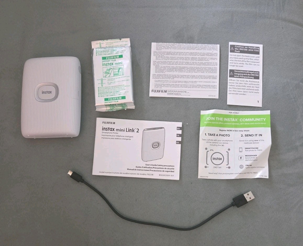 Fujifilm instax mini Link 2 Smartphone Polaroid Printer White With USB Cord Film
