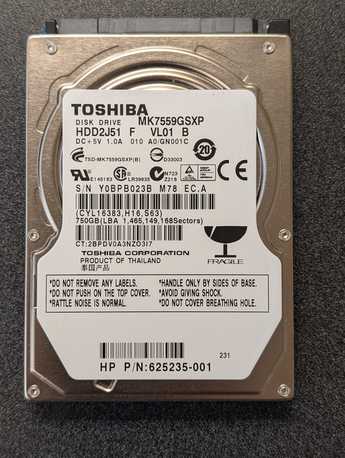 Toshiba 750GB 2.5" 5400RPM Laptop Hard Drive HDD MK7559GSXP