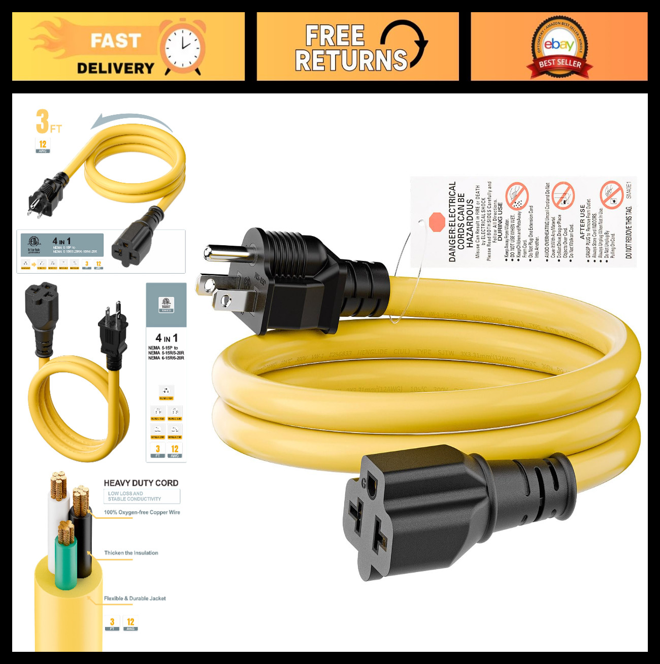 4-in-1 AC Adapter NEMA 5-15P to 5-15R 5-20R 6-15R 6-20R, 3FT Power Cable