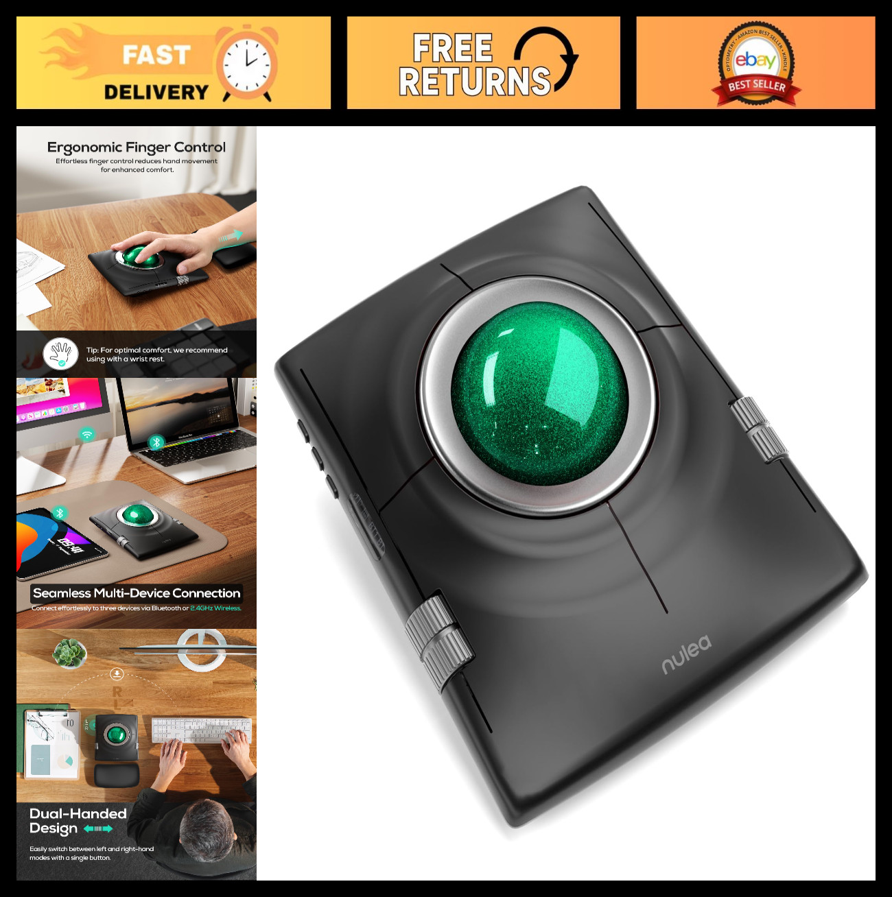 Ergonomic Wireless Trackball Mouse - Rechargeable, Ambidextrous, Bluetooth USB,