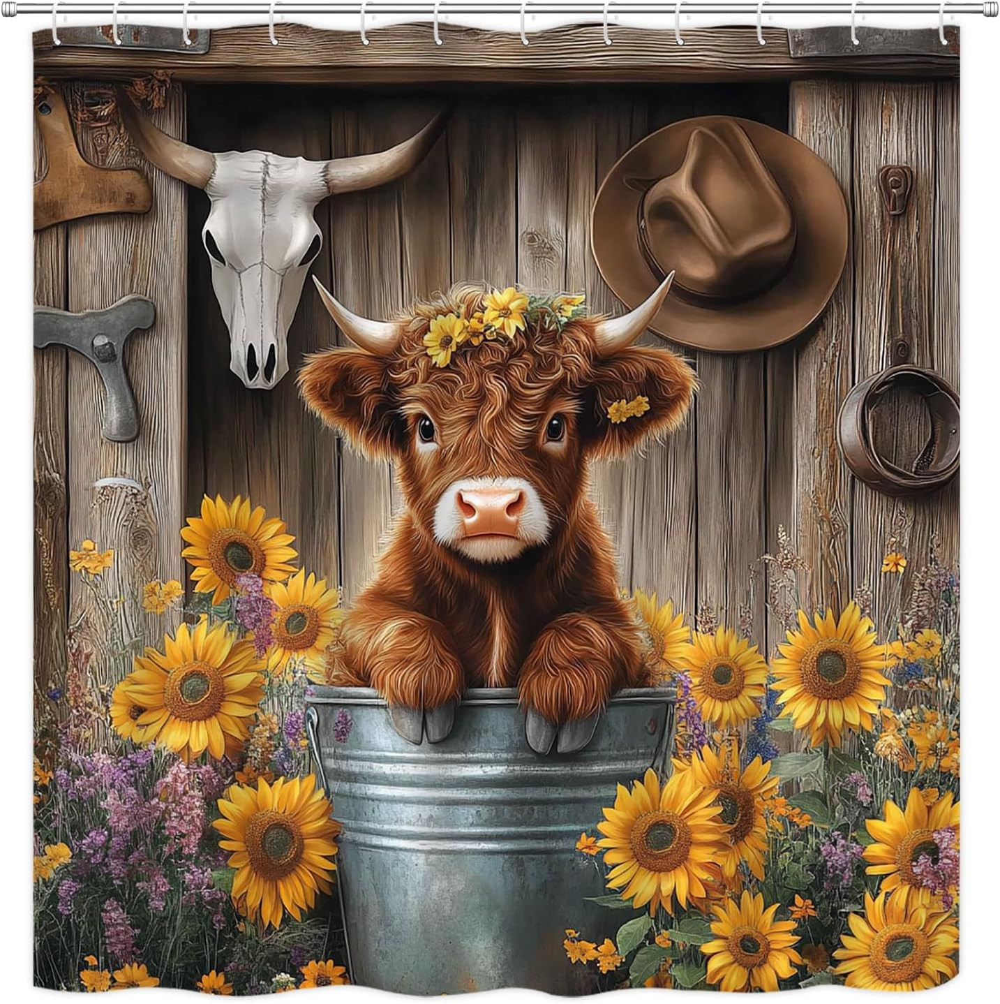 Western Highland Cow Shower Curtain Farmhouse Cute Cowboy Calf Barn Door Sunflow