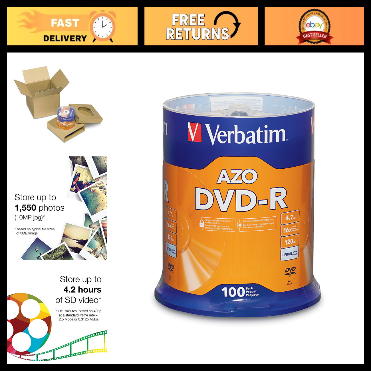 100 Pack DVD-R 4.7GB 16X Recordable Discs with AZO Dye - High-Quality Media Stor
