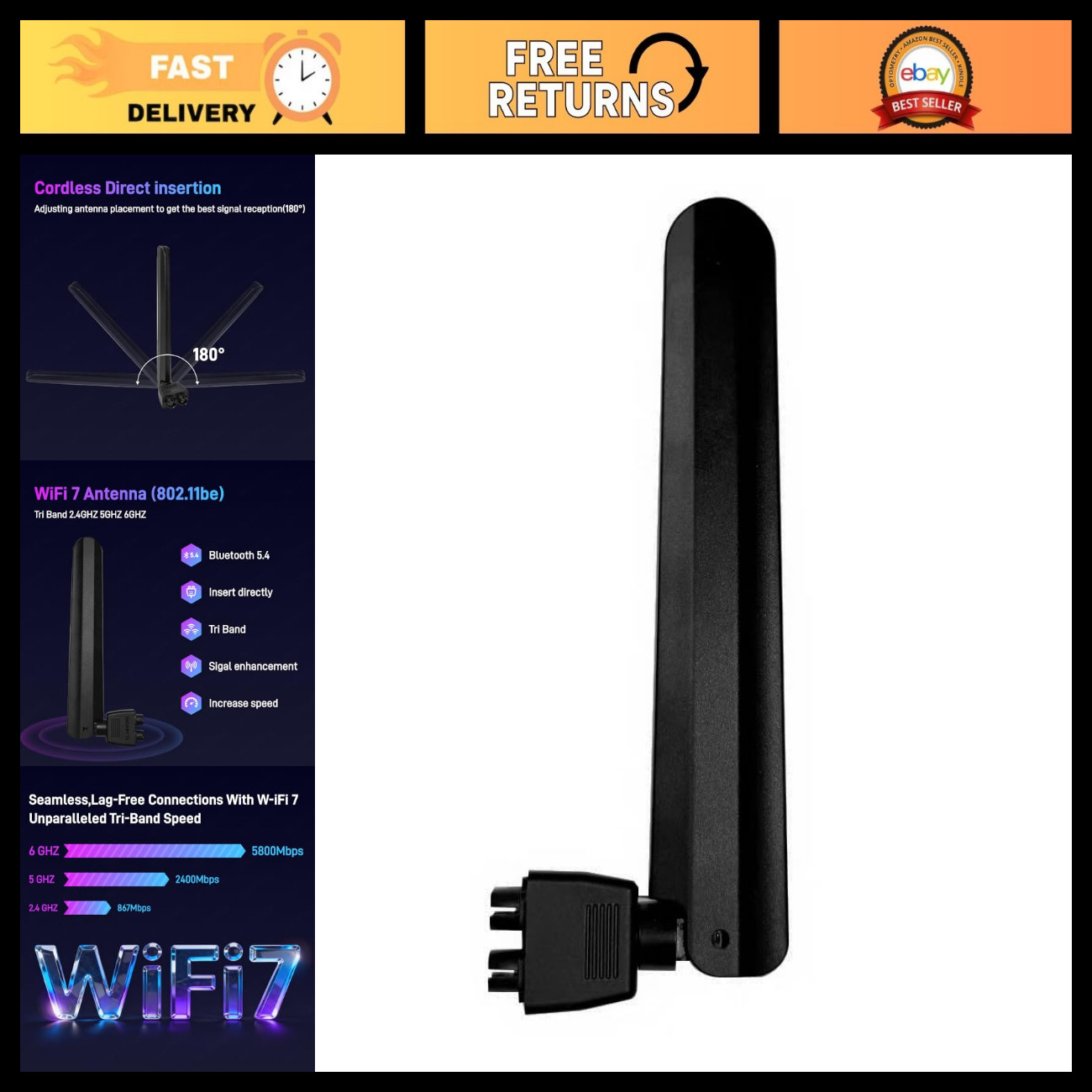High Gain WiFi 7 Antenna for Desktop Gaming PC, Wi-Fi 6E Compatible, Black
