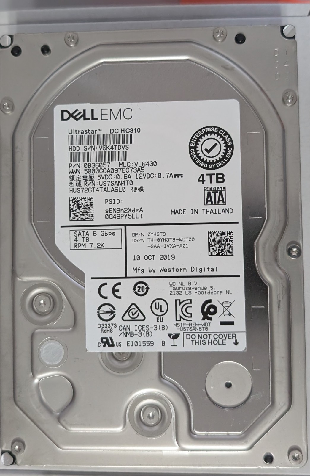 Dell EMC HGST Ultrastar 4TB 3.5" 7200 RPM SATA Enterprise HDD (HUS726T4TALA6L0)