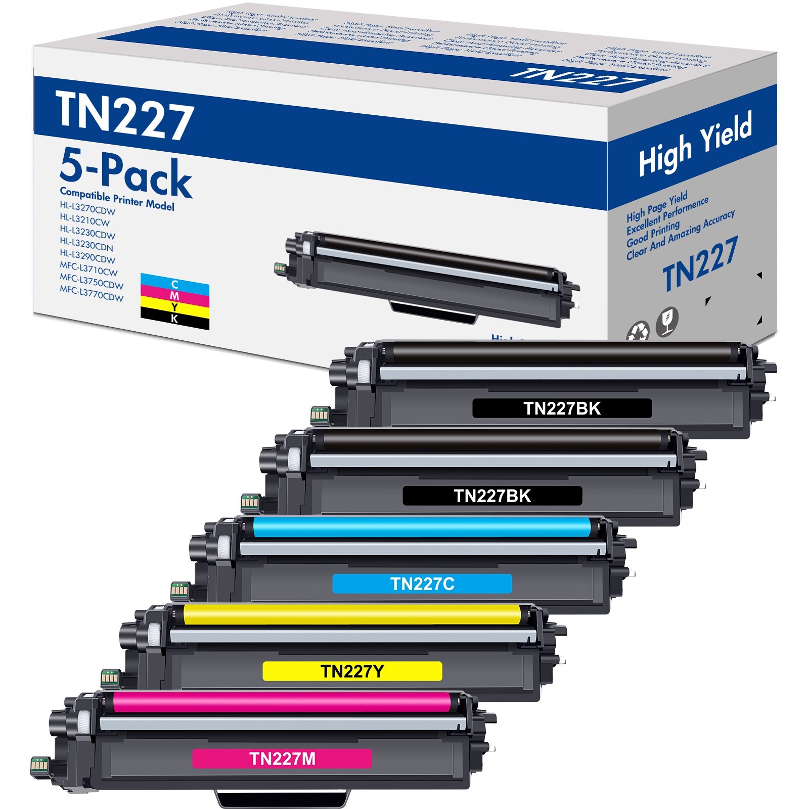 5PK TN227 Color Toner Compatible with Brother HL-L3230 CDW MFC-L3710 CW Printer