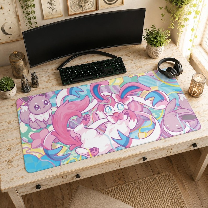 Sylveon 8657 Mouse Pad Desk Mat, Pokemon Watercolor Art Kawaii Decor Accessories