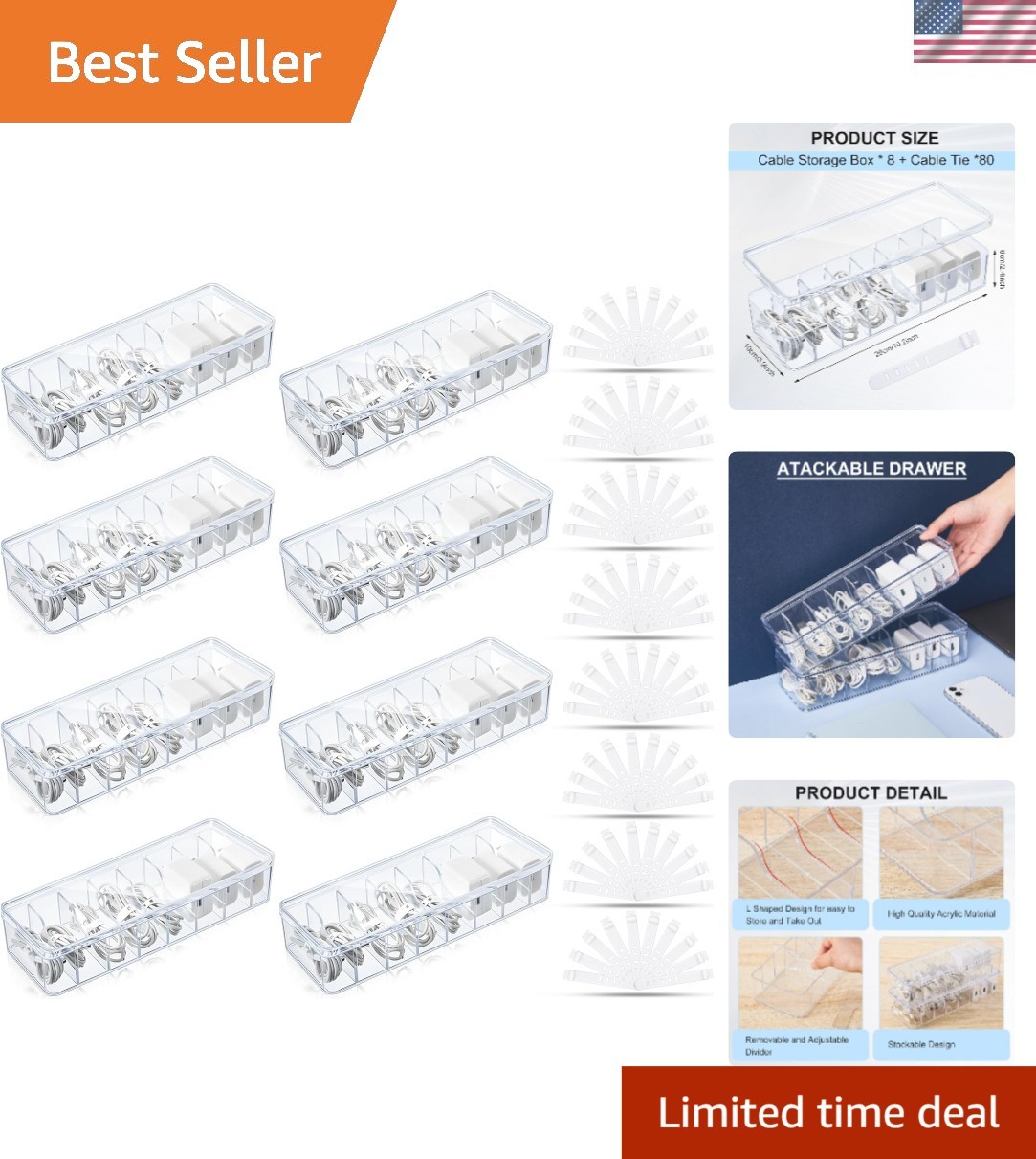 8-Piece Clear Cable Organizer Box Set with 80 Wire Ties - Tidy Your Space