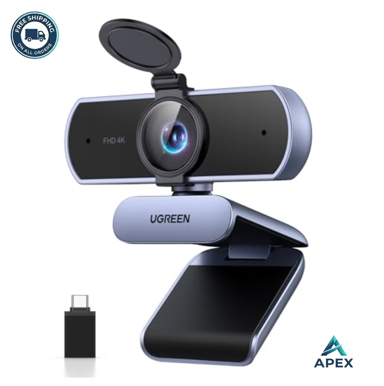 4K Webcam 8MP CMOS USB A USB C Dual Microphone Privacy Cover Auto Focus Gray