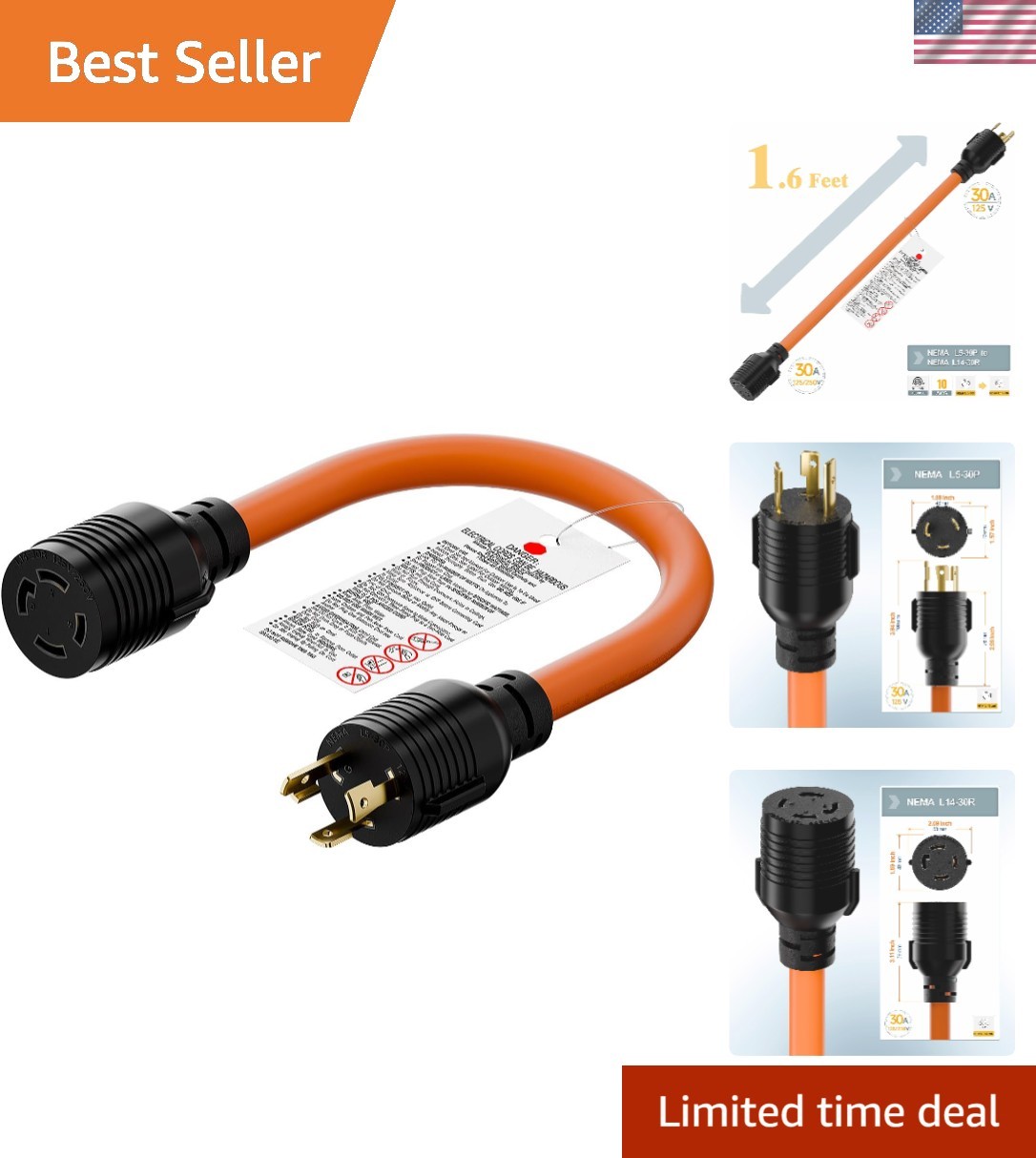 1.5FT Nema L5-30P to L14-30R Heavy-Duty 30A Adapter Cable for Generators