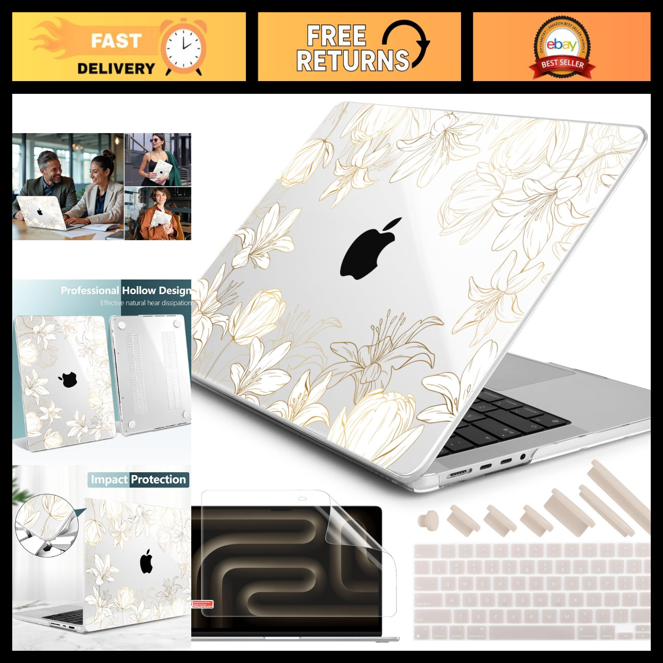 Slim Hard Shell Case for 14" MacBook Pro (2021-2026) - Floral Design, Keyboard &