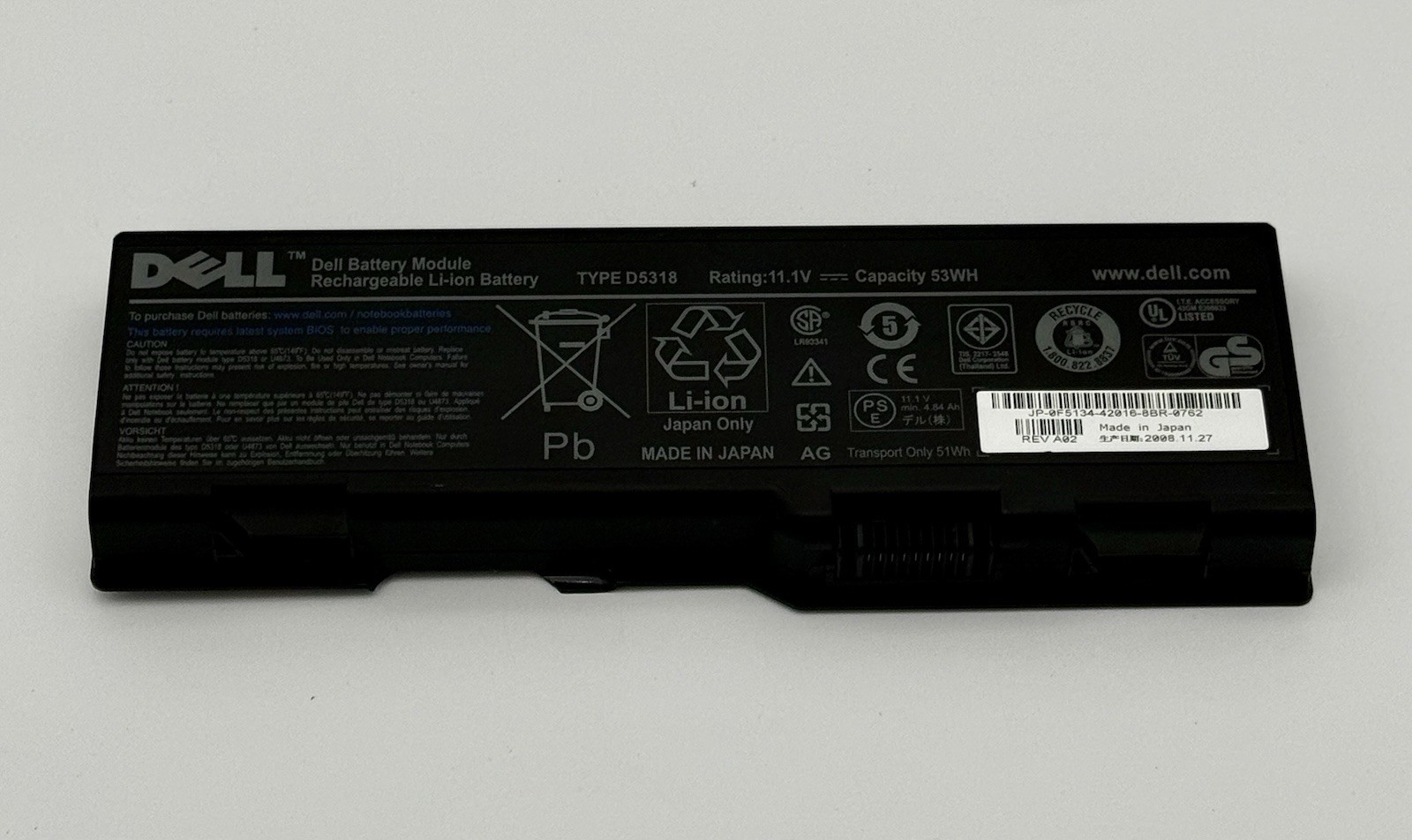 Dell OEM D5318 Laptop Battery 11.1V 53Wh DP/N 0F5134 Genuine Li-Ion Made Japan