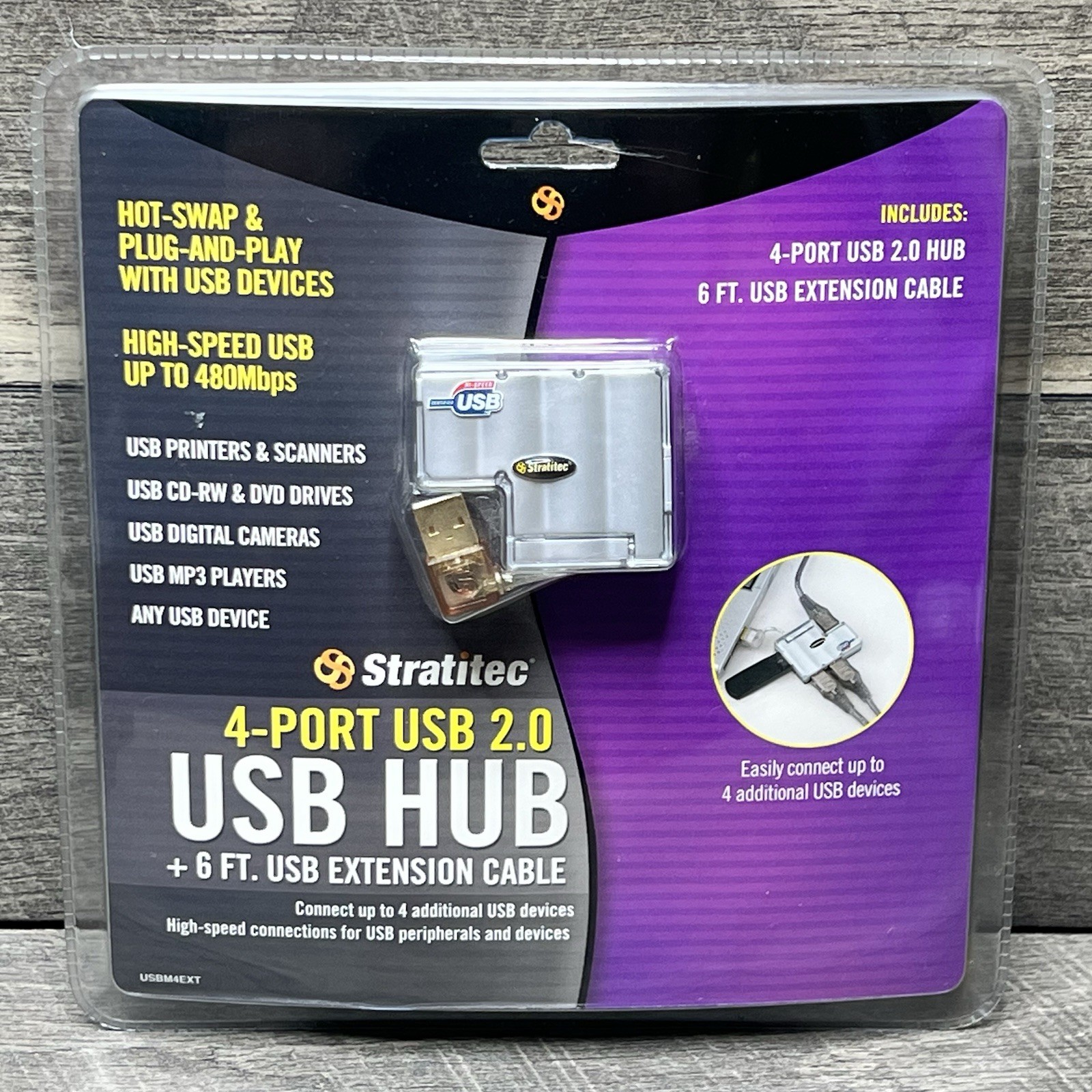 Stratitec 4-Port USB 2.0 - USB HUB (USBM4EXT)+ 6' Gold Plated Cable - NEW