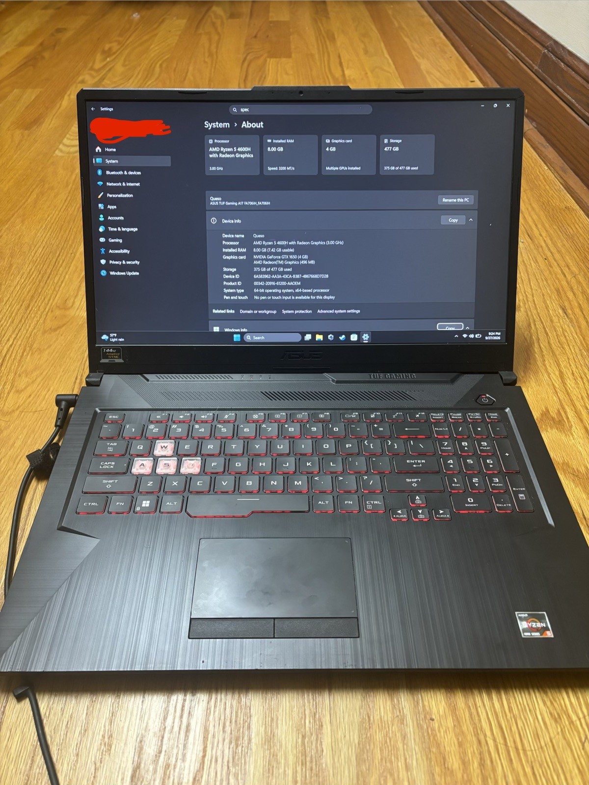 w/Charger ASUS TUF GAMIMG Laptop A17 GTX 1650 RYZEN 5 4600H  8GB RAM  512GB SSD