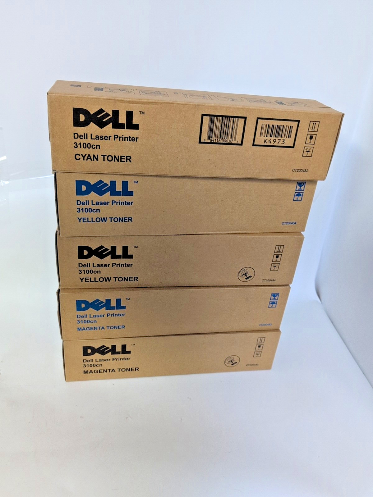 LOT OF 5 DELL LASER PRINTER  3100cn TONER, 1 CYAN,  2YELLOW, 2 MAGENTA