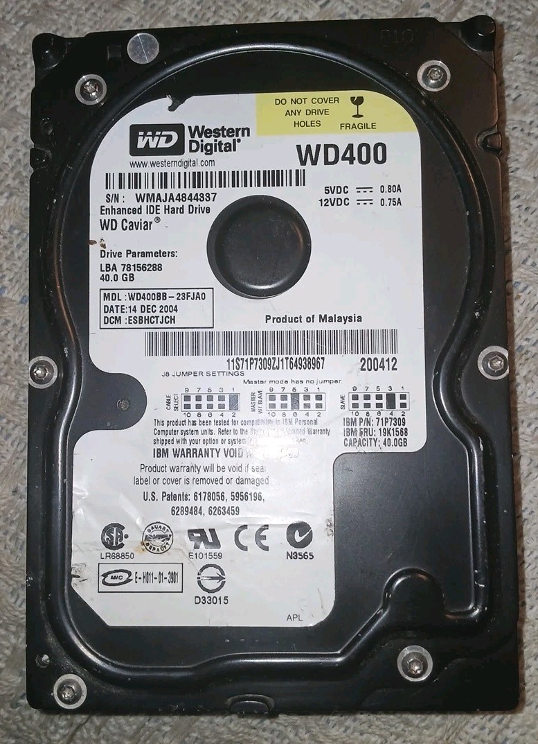WESTERN DIGITAL 40GB ENHANCED IDE HARD DRIVE WD400 WD400BB-23FJA0 WD CAVIAR  IBM
