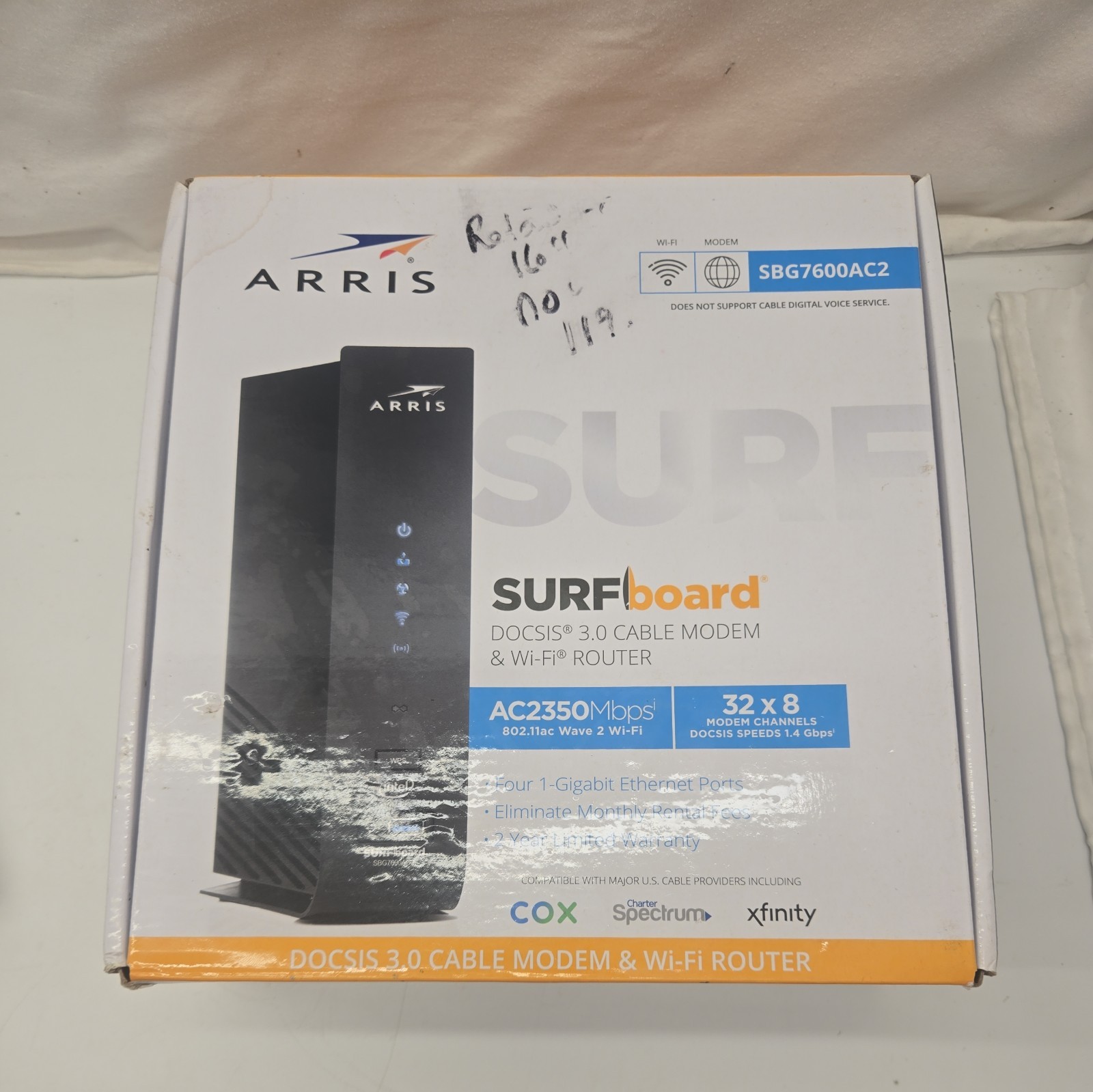 ARRIS SURFboard SBG7600AC2 32x8 DOCSIS 3.0 Cable Modem AC2350 Wi-Fi Router Black