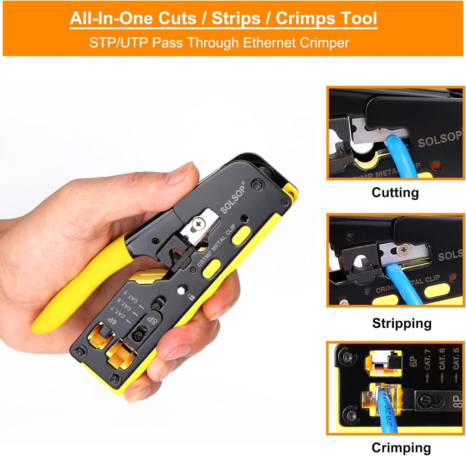 Pass Through RJ45 Crimp Tool Kit All in One Ethernet Crimper Network Cable Test.