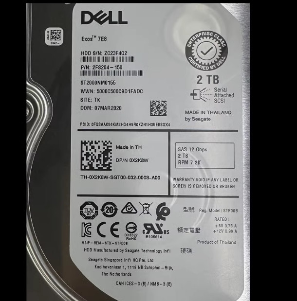 DELL ST2000NM0155 0X2K8W X2K8W 2TB 3.5" SAS 7.2K 12Gb/s Hdd no tray