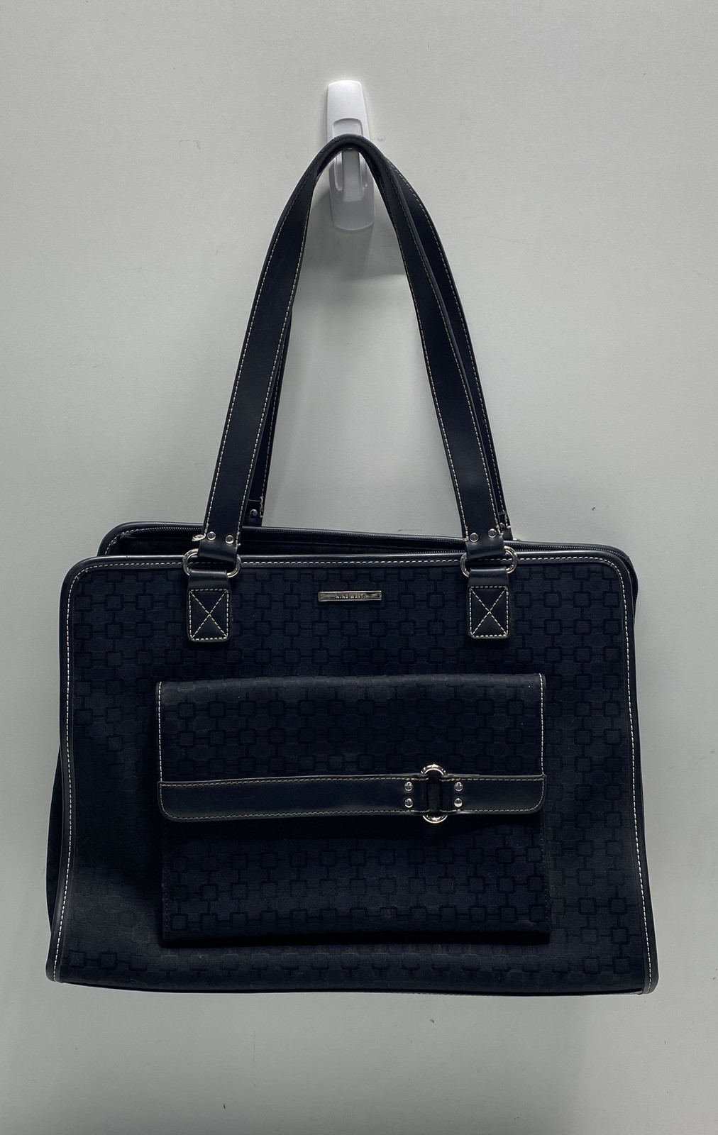 Nine West Black Geometric Tonal Print Laptop Tote Bag Silver Hardware