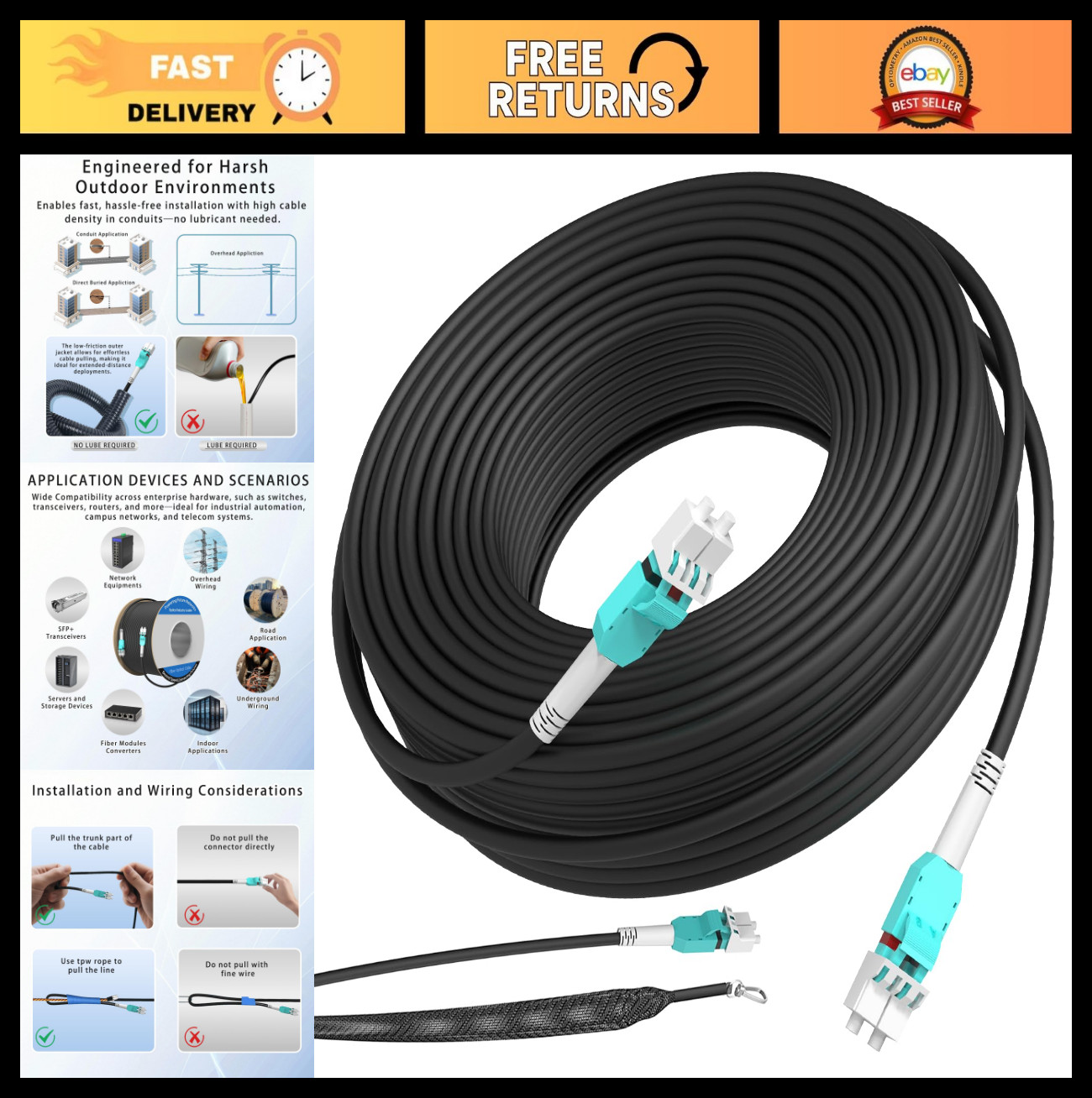 30M Outdoor Armored Fiber Optic Patch Cable LC to LC, Multimode Duplex 50/125μm,