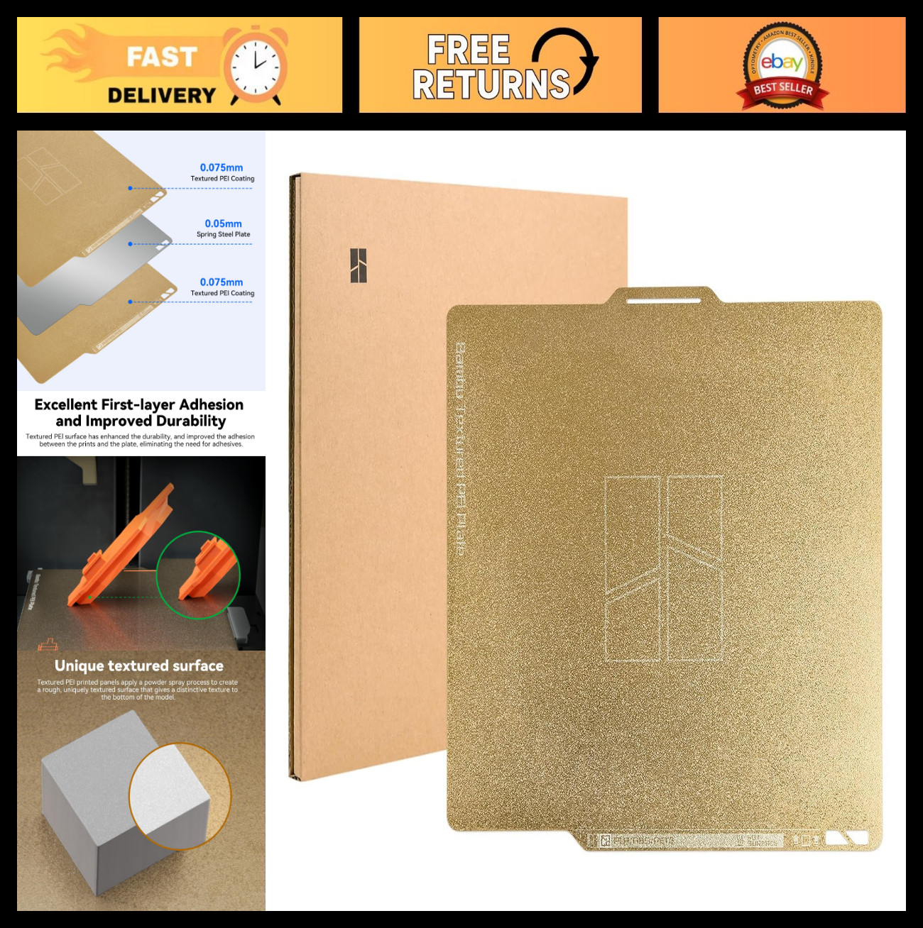 Double-Sided Textured PEI Build Plate 257x257mm for 3D Printers - Flexible Sprin