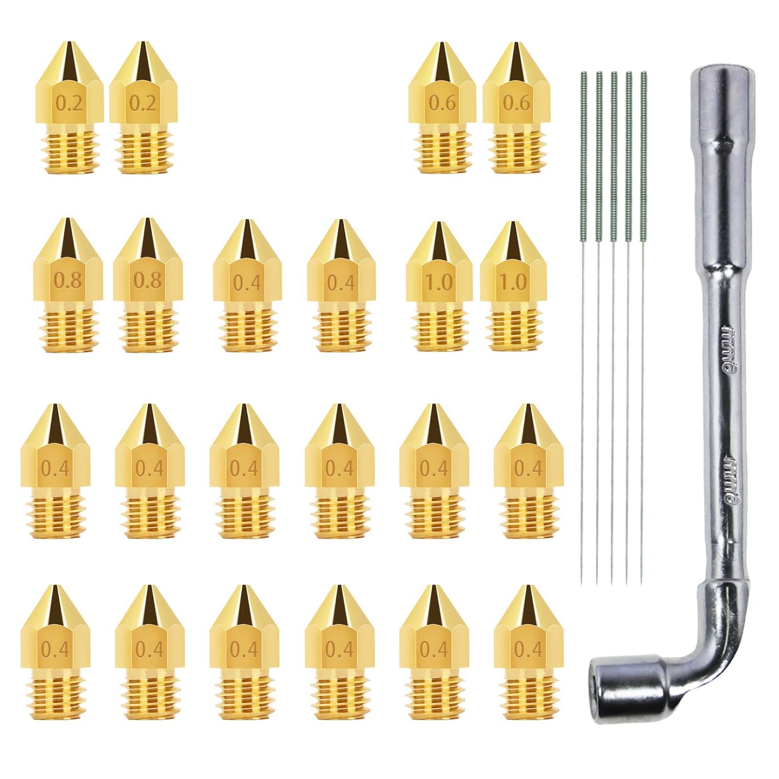 MK8 Nozzles 22 pcs 3D Printer Brass Nozzles 0.2mm, 0.4mm,0.6mm, 0.8mm, 1.0mm CR-