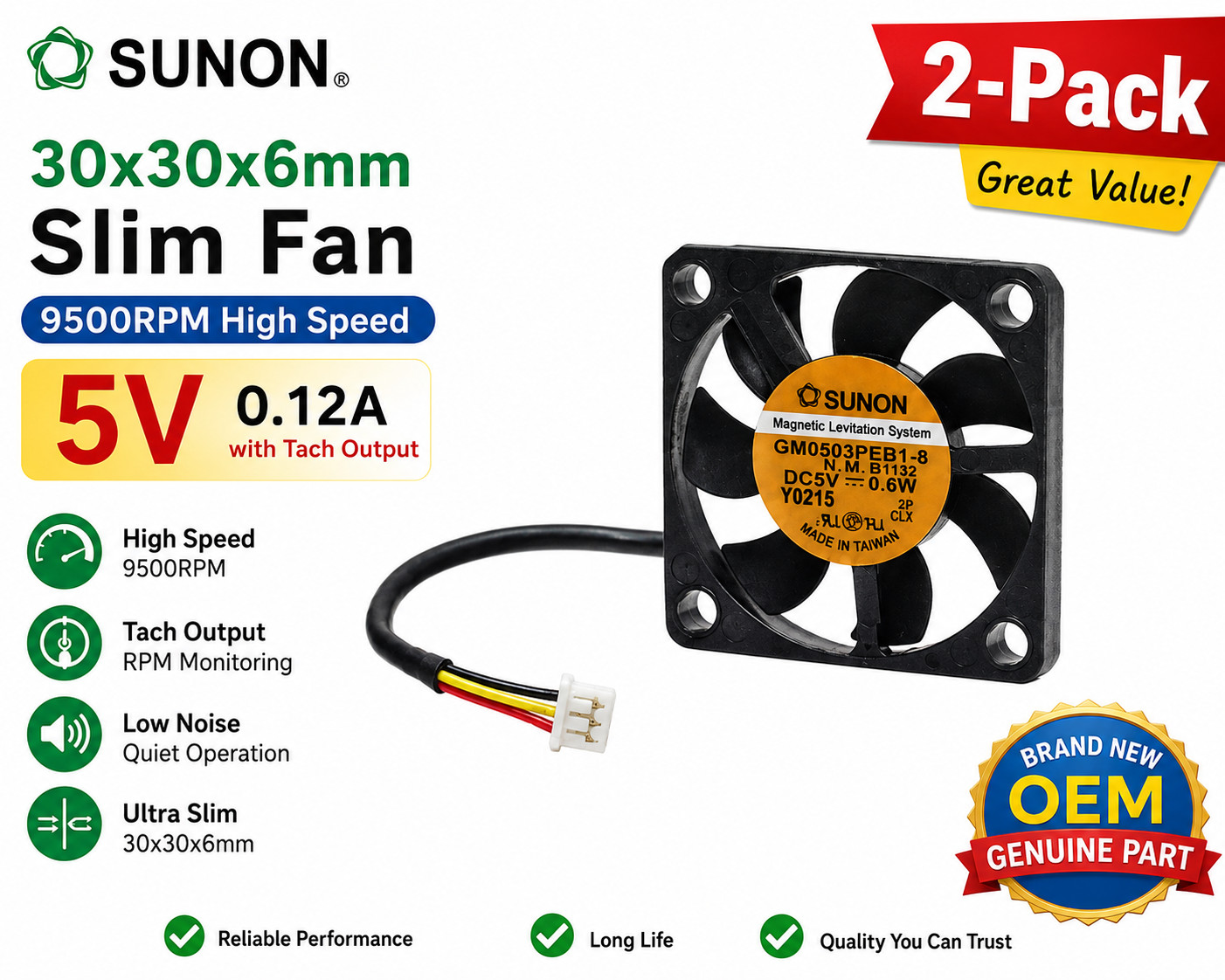 2-Pack SUNON 30x30x6mm 5V Slim Cooling Fan 9500RPM High Speed Tach Output OEM