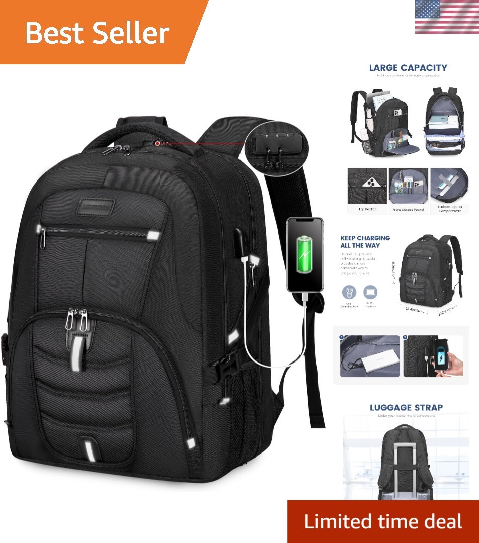 Stylish Black 17-Inch Waterproof Anti-Theft Laptop Backpack for College Students