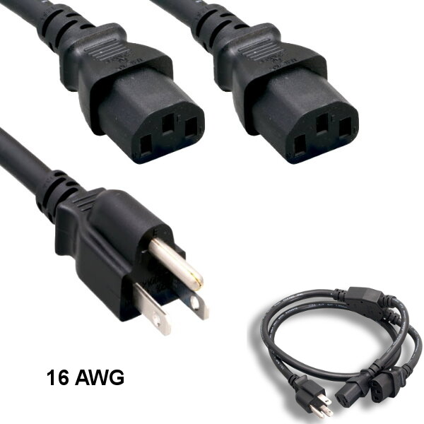 [Lot10] 10Ft Black Power Splitter Cord NEMA5-15P to 2x IEC60320 C13 16AWG 13A/12