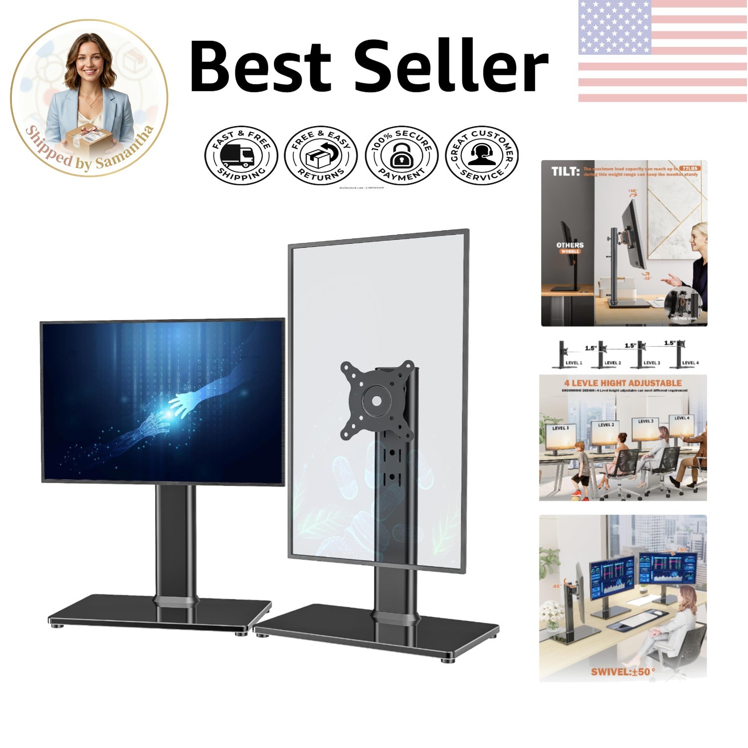 Dual Pack Adjustable Monitor Stand with Cable Management and Tilt Function