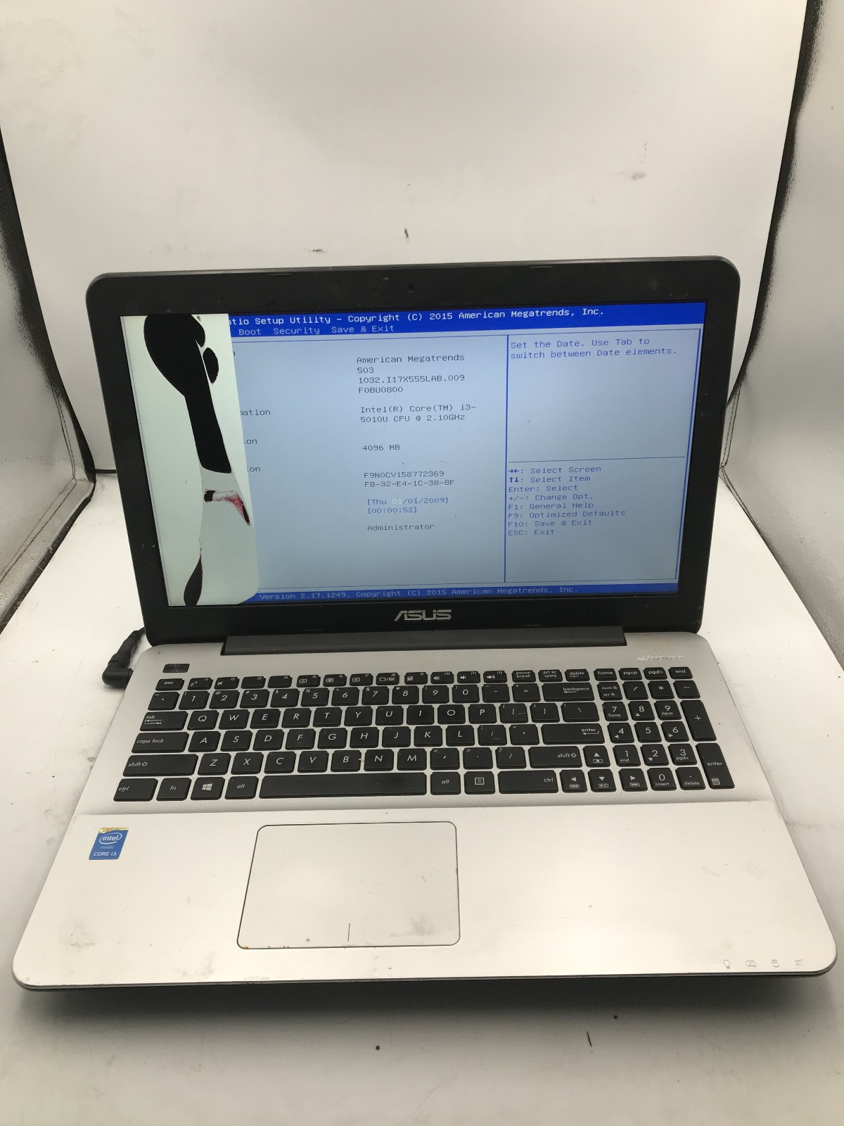 ASUS F555L NOTEBOOK - BOOTS TO BIOS/BAD LCD - INTEL I3 5010U - 4GB RAM -READ- BB