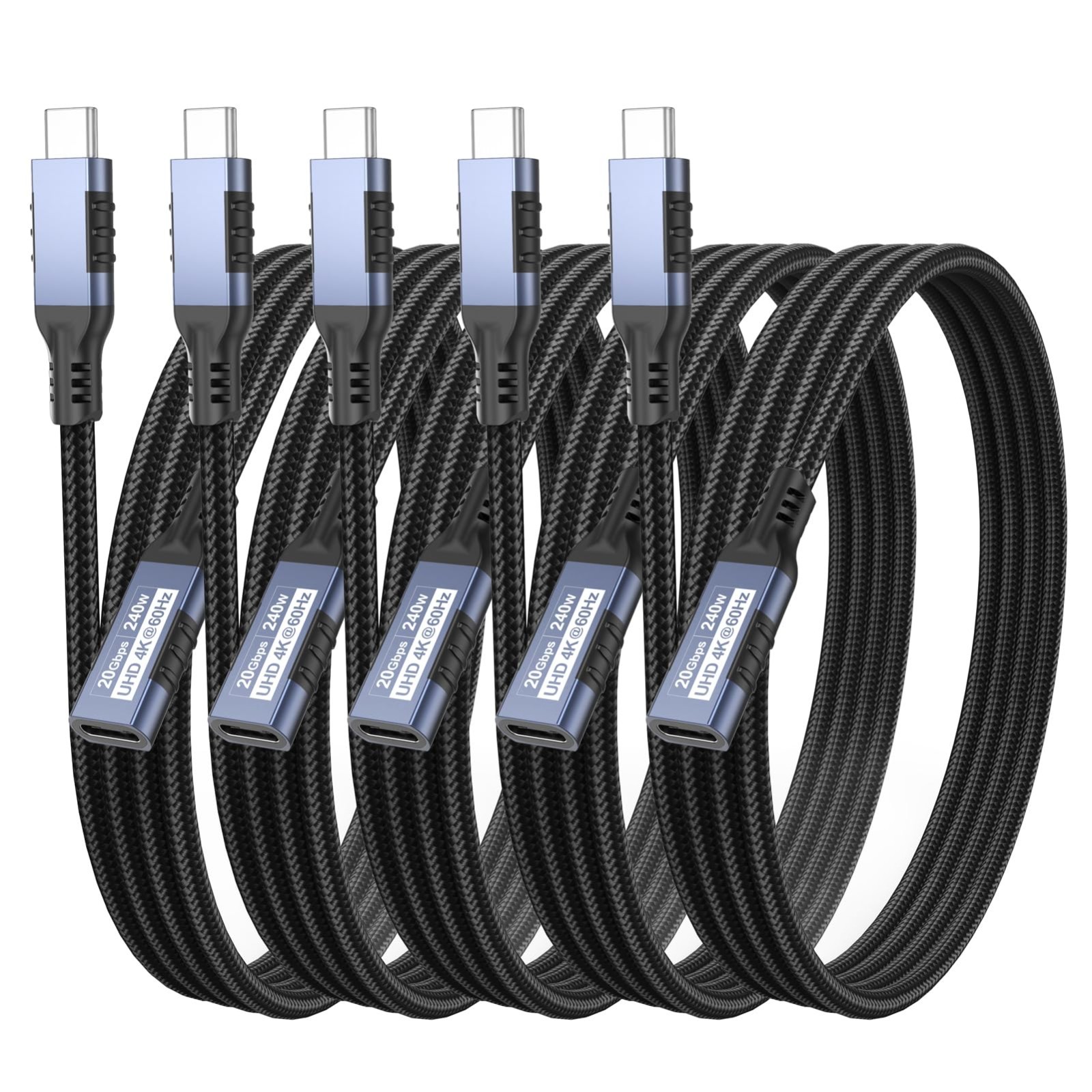USB-C Extension Cable 3ft 5-Pack Male to Female 20Gbps 240W 4K 60Hz Braided