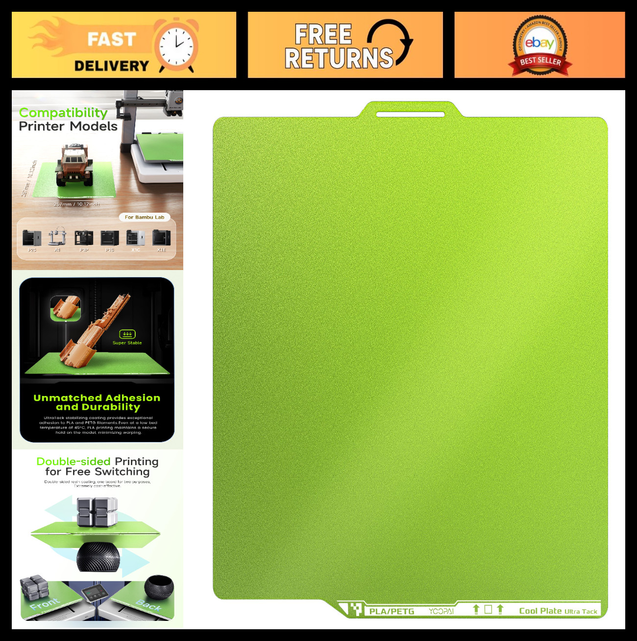 Cold Low Temp 3D Printer Build Plate 257x257mm, Double-Sided UltraTack Bed, Gree