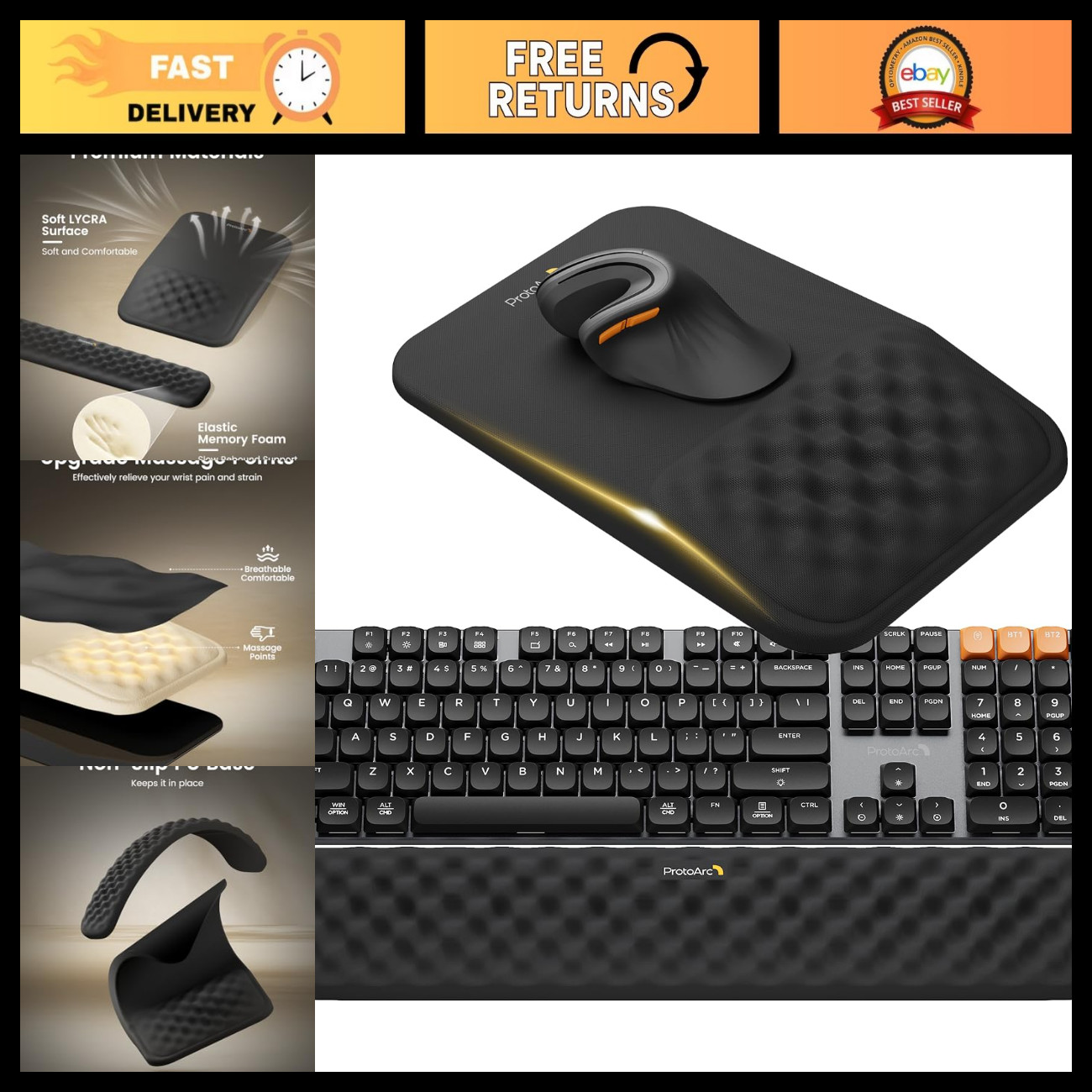 Ergonomic Mouse Pad with Wrist Rest, Lycra Surface, Non-Slip Base, Black