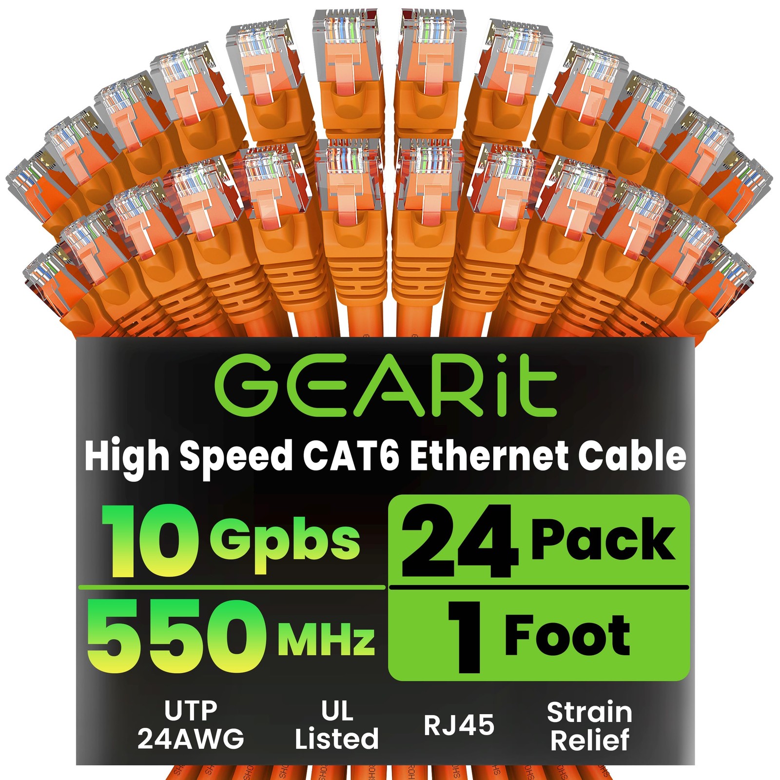 24 Pack Cat 6 Ethernet Cable 1 Foot 10Gbps Snagless Patch Cord Orange