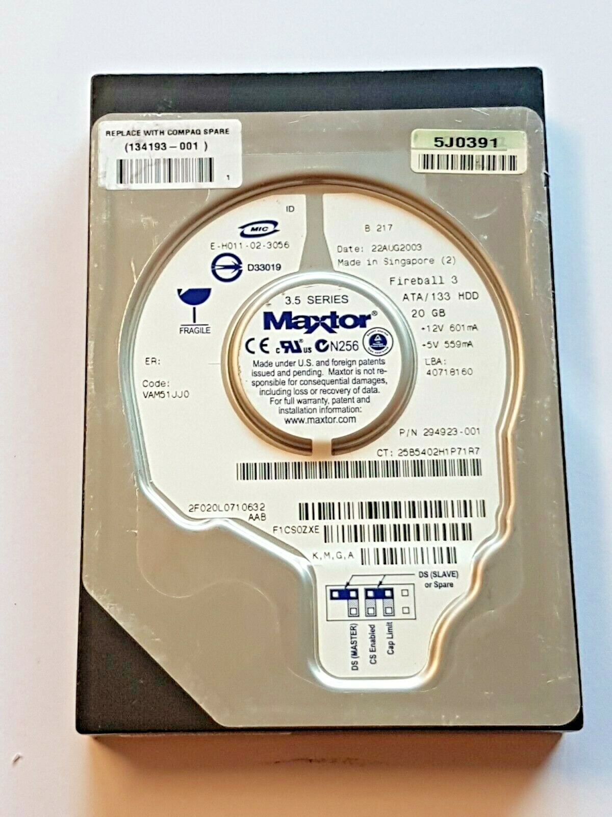 20GB IDE Maxtor Fireball 3 2F020L0 P-ATA ATA/133 5400rpm 2MB HDD 3.5" HDD
